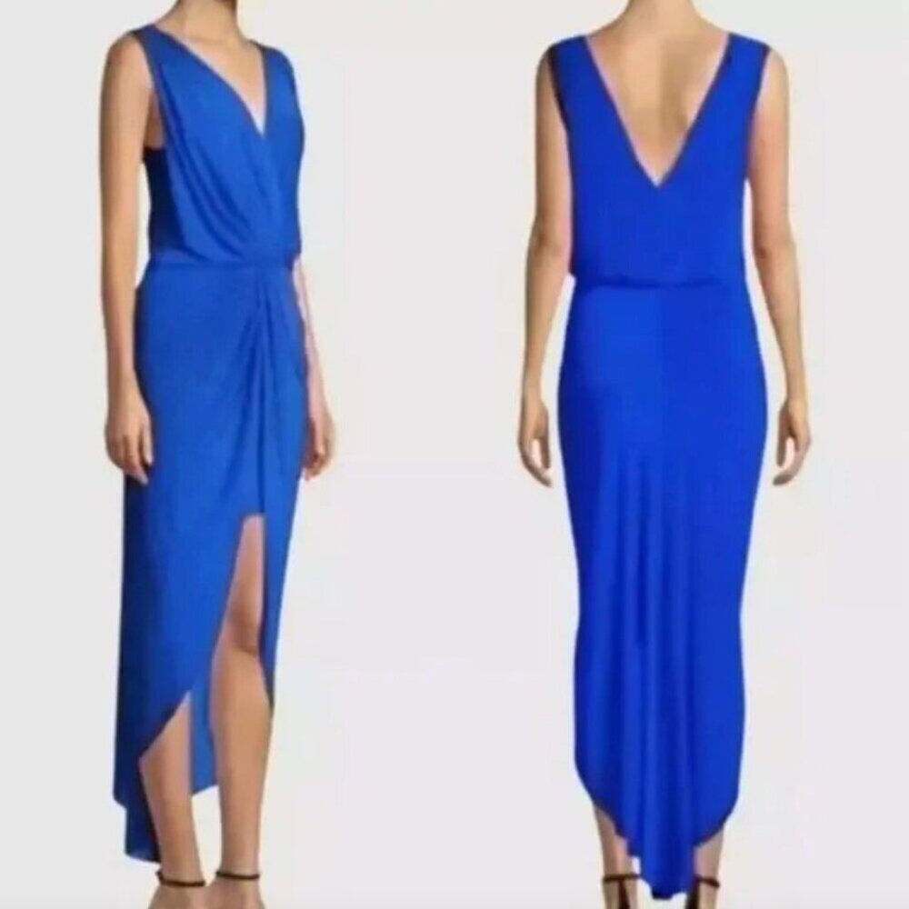 Misa Los Angeles Royal Blue Leza Crossover V-Neck Cocktail High Low Maxi Dress L